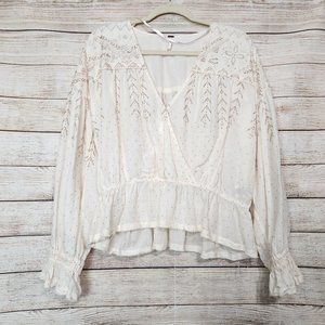 Free People Womens Counting Stars Peasant Blouse Beige Gold Embellished Size S/P